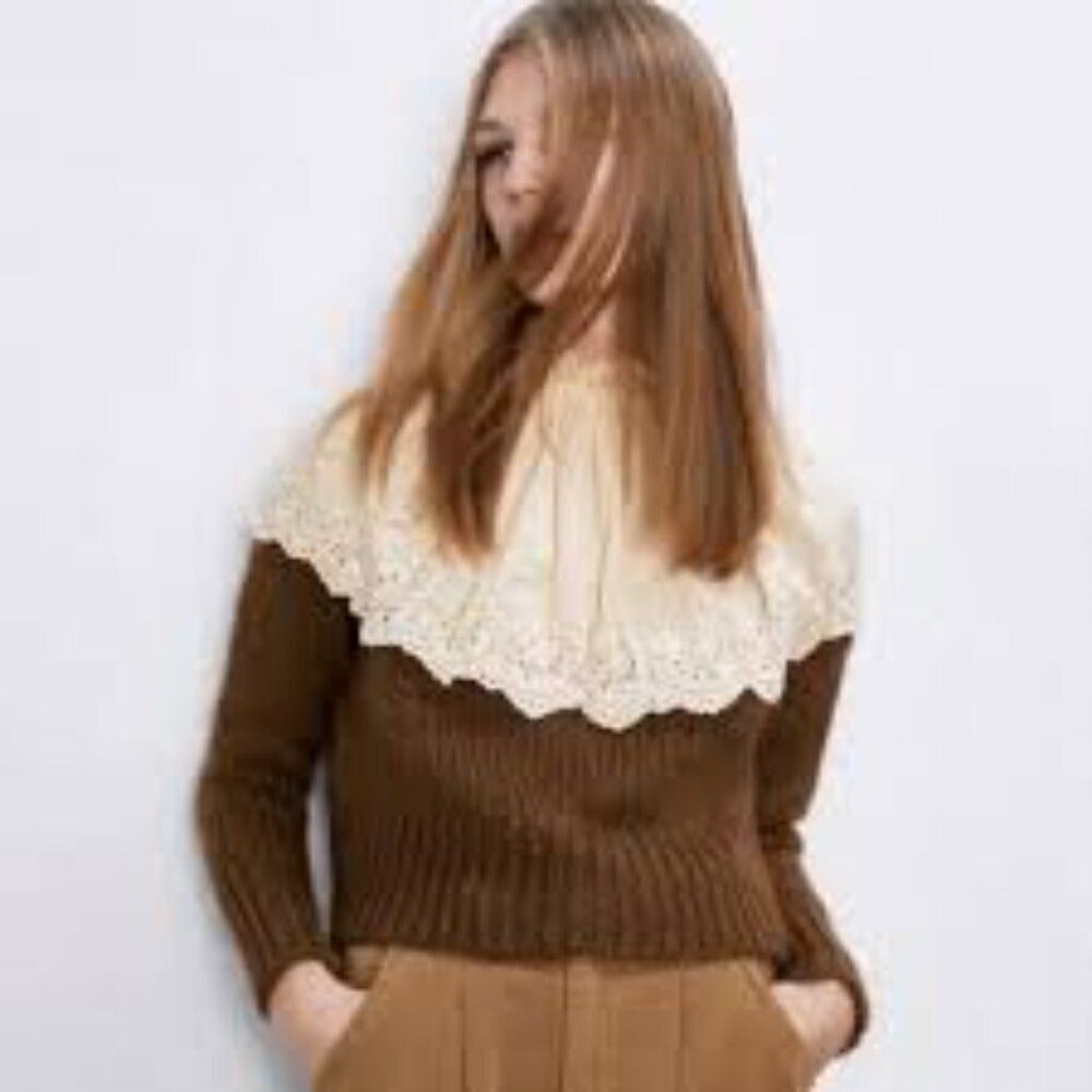 Zara Contrast Knit Cropped Sweater Long Neck Eyelet Peasant Boho Hippie Farmcore